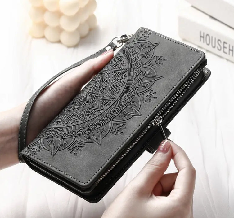 Long Lanyard Flap Faux Leather Phone Case - Zipper Wallet Card Holder Case