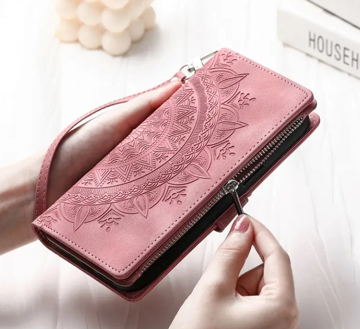 Long Lanyard Flap Faux Leather Phone Case - Zipper Wallet Card Holder Case