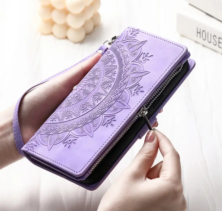 Long Lanyard Flap Faux Leather Phone Case - Zipper Wallet Card Holder Case